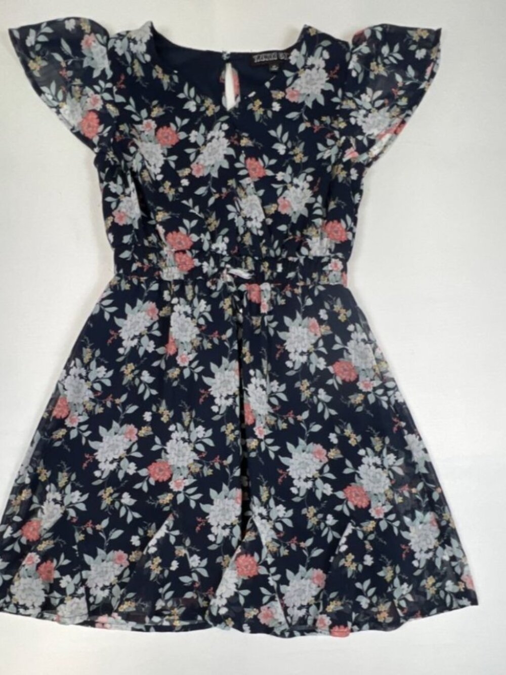 Trixxi Girl Women 12 Navy Blue Floral Chiffon Mini Dress Flutter Sleeve Casual